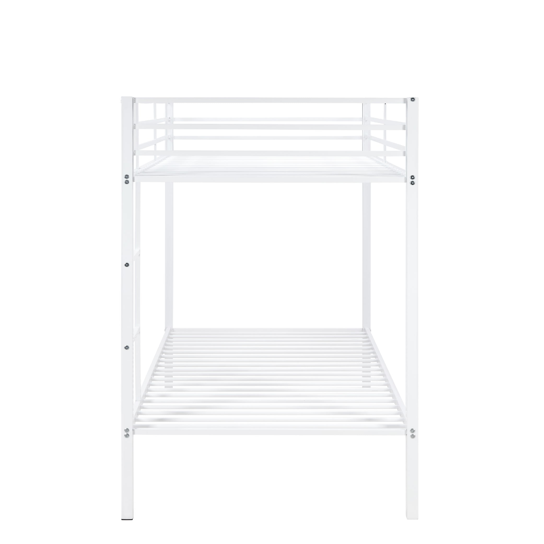 Metal Bunk Bed Twin Over Twin, Low Profile Bunk Bed Frame WithBuilt-in Ladder, High Guardrail And Metal Slats, Space-Saving Twin Size Bed Frame For Kids Teens, No Box Spring Required, White_voghion.com